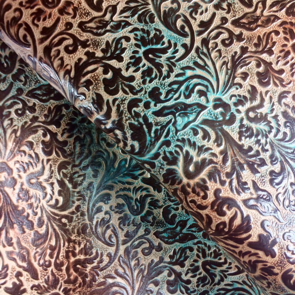 Embossed Florentine with Hint Aqua Hand Tipping on Tan Cow Leather