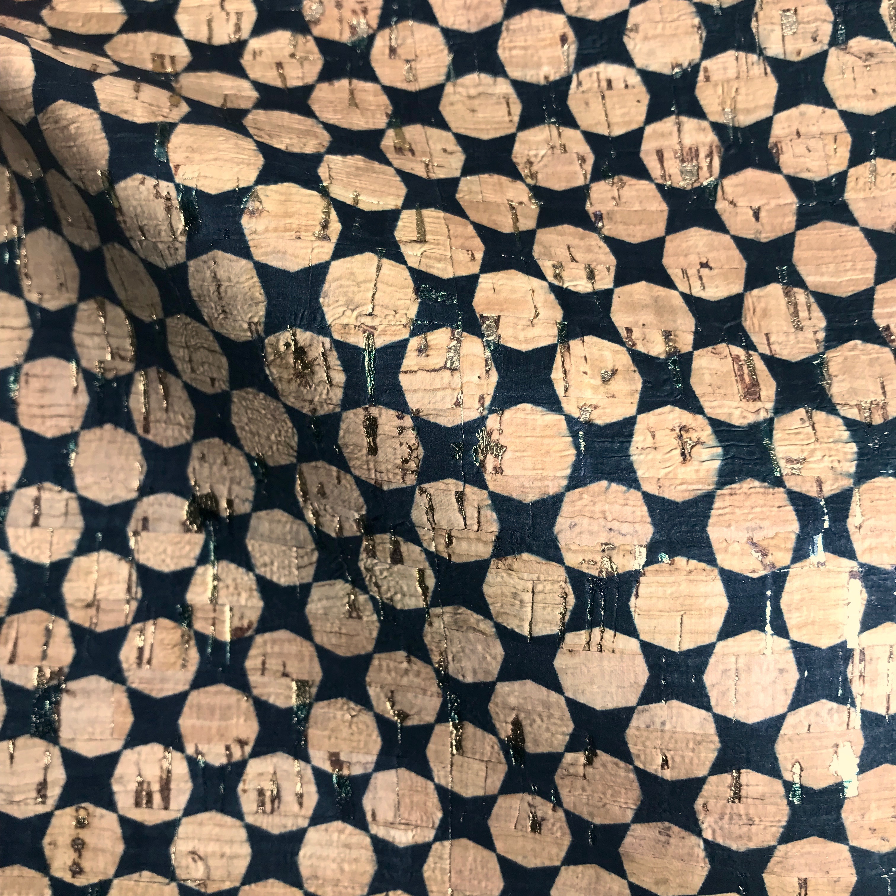 Black Digital Print Pattern on Natural Cork with Gold Flakes Rainbow