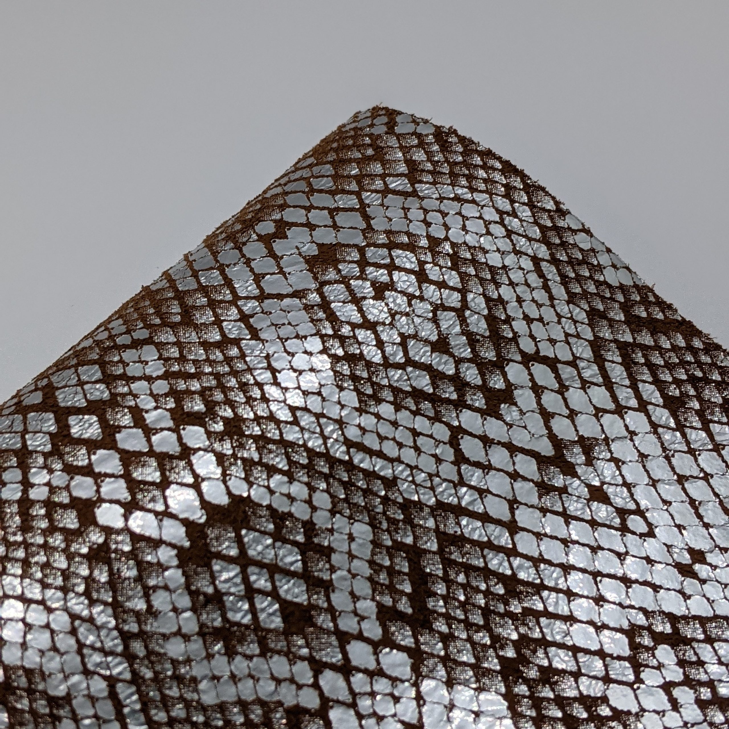 Silver Iridescent Diamond Python Snake on Brown Suede - Rainbow Leather